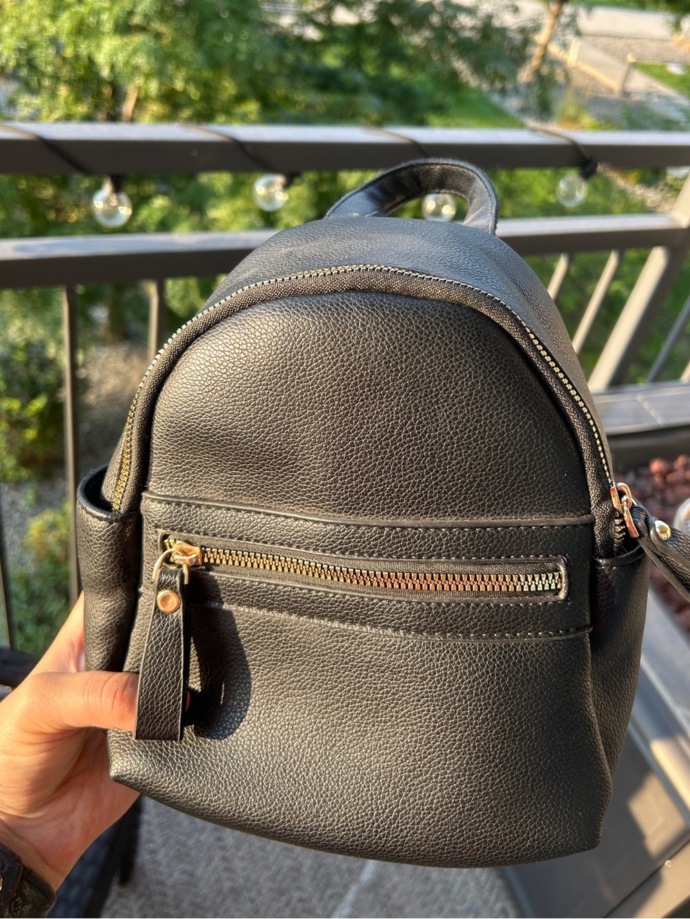 Black Mini Leather Backpack with Front Zip Pocket